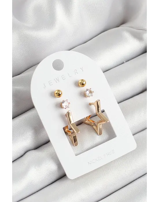 Pirinç Zirkon Taş Ve Yıldız Figürlü Gold Renk 3lü Çift Kadın Küpe Set