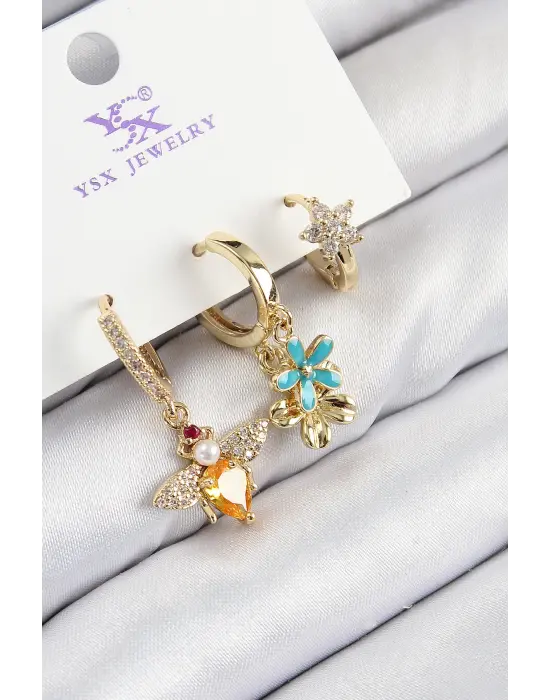 Pirinç Zirkon Taşlı 3lü Arı Ve Çiçek Model Gold Renk Kadın Küpe