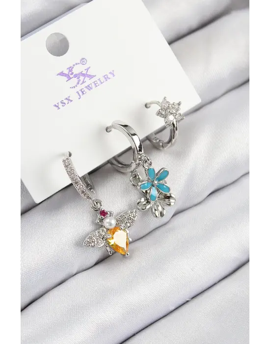 Pirinç Zirkon Taşlı 3lü Arı Ve Çiçek Model Gümüş Renk Kadın Küpe