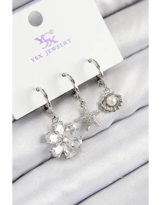 Pirinç Zirkon Taşlı 3lü Çiçek Ve İstiridye Model Gümüş Renk Kadın Küpe