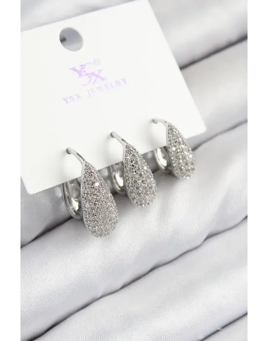 Pirinç Zirkon Taşlı 3lü Damla Model Gümüş Renk Kadın Küpe