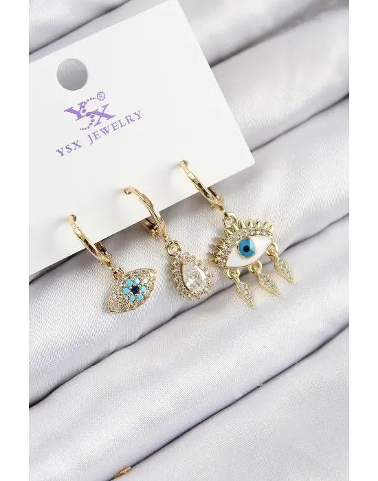 Pirinç Zirkon Taşlı 3lü Fatmanın Gözü Model Gold Renk Kadın Küpe