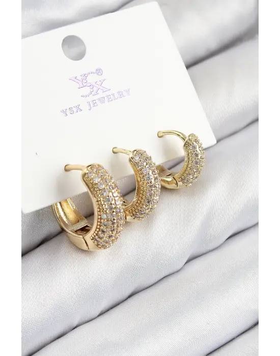 Çelik Zirkon Taşlı 3lü Halka Model Gold Renk Kadın Küpe