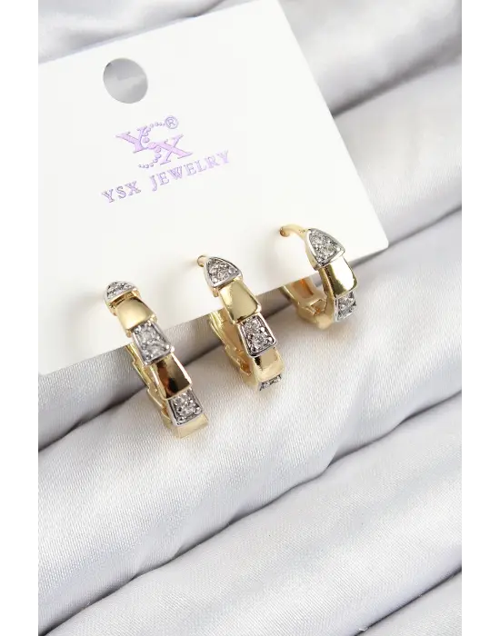 Pirinç Zirkon Taşlı 3lü Halka Model Gold Ve Gümüş Renk Kadın Küpe