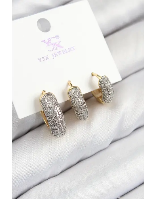 Pirinç Zirkon Taşlı 3lü Halka Model Gold Ve Gümüş Renk Kadın Küpe