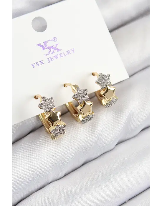 Pirinç Zirkon Taşlı 3lü Halka Yıldız Model Gold Ve Gümüş Renk Kadın Küpe