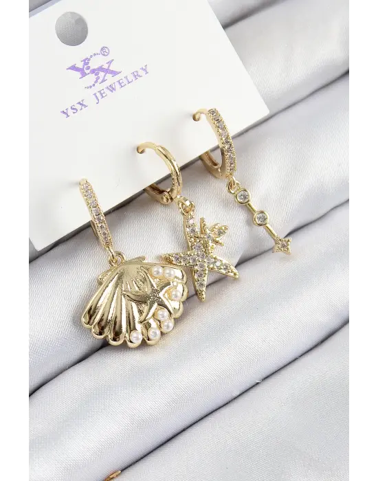 Pirinç Zirkon Taşlı 3lü İstiridye Ve Yıldız Model Gold Renk Kadın Küpe