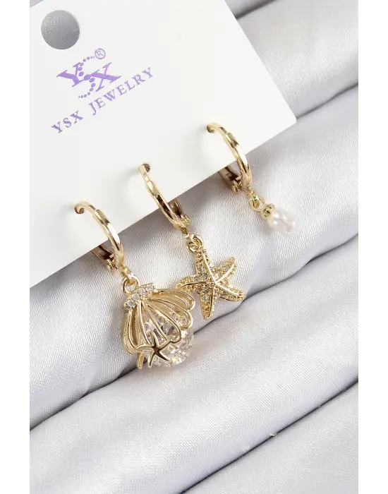 Pirinç Zirkon Taşlı 3lü İstiridye Ve Yıldız Model Gold Renk Kadın Küpe