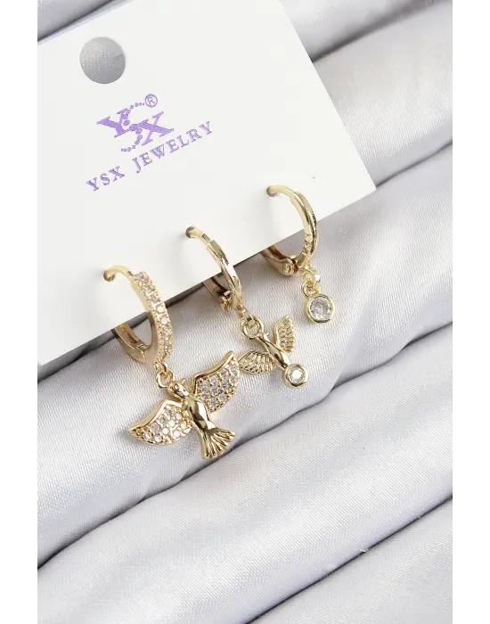 Pirinç Zirkon Taşlı 3lü Kuş Model Gold Renk Kadın Küpe