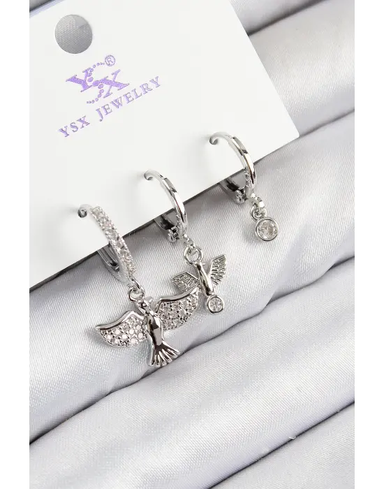 Pirinç Zirkon Taşlı 3lü Kuş Model Gümüş Renk Kadın Küpe