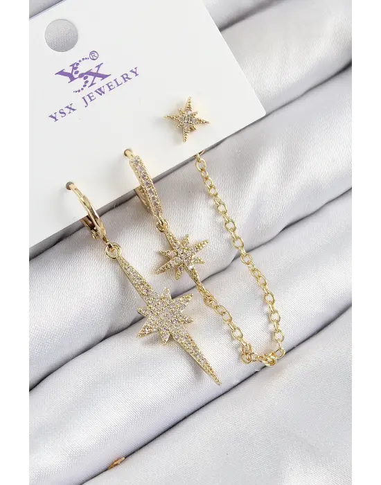 Pirinç Zirkon Taşlı 3lü Kutup Yıldızı Model Gold Renk Kadın Küpe