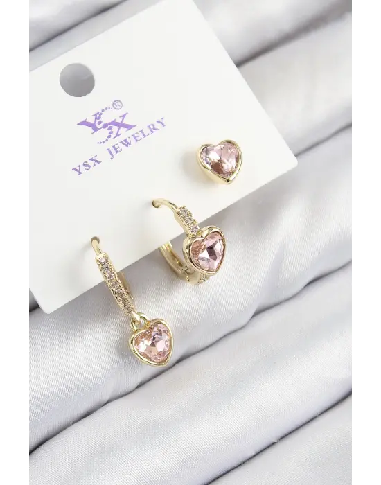 Pirinç Zirkon Taşlı 3lü Pembe Kalp Model Gold Renk Kadın Küpe