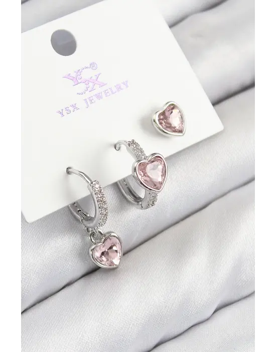 Pirinç Zirkon Taşlı 3lü Pembe Kalp Model Gümüş Renk Kadın Küpe