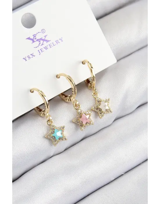 Pirinç Zirkon Taşlı 3lü Renkli Yıldız Model Gold Renk Kadın Küpe