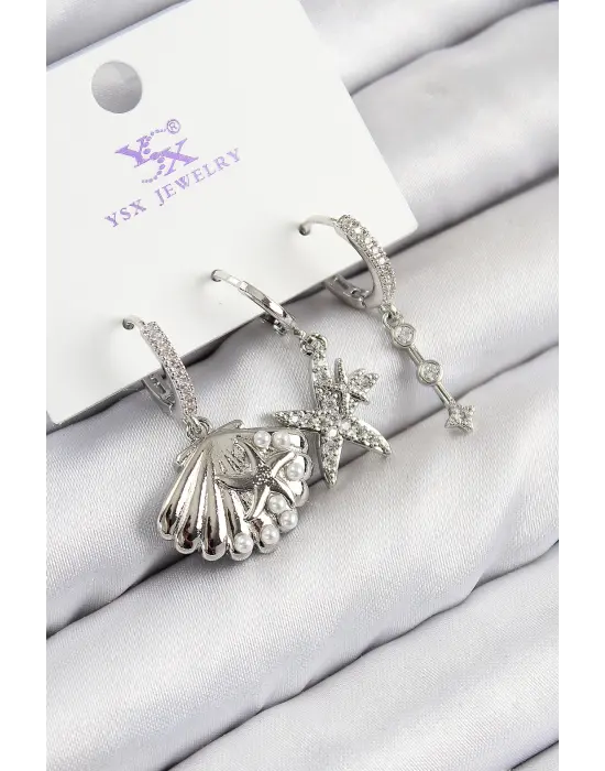 Pirinç Zirkon Taşlı 3lü Yıldız Ve İstiridye Model Gümüş Renk Kadın Küpe