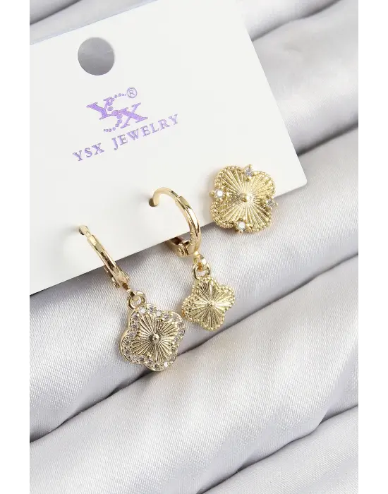 Çelik Zirkon Taşlı 3lü Yonca Model Gold Renk Kadın Küpe