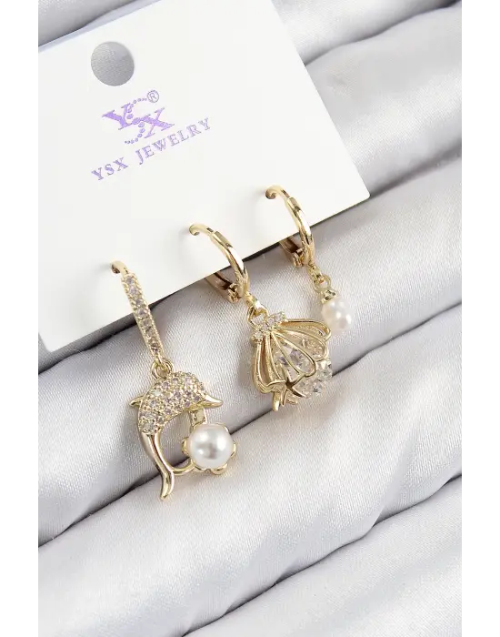 Pirinç Zirkon Taşlı 3lü Yunus Balığı Ve İstiridye Model Gold Renk Kadın Küpe