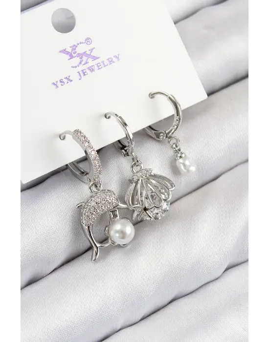 Pirinç Zirkon Taşlı 3lü Yunus Balığı Ve İstiridye Model Gümüş Renk Kadın Küpe