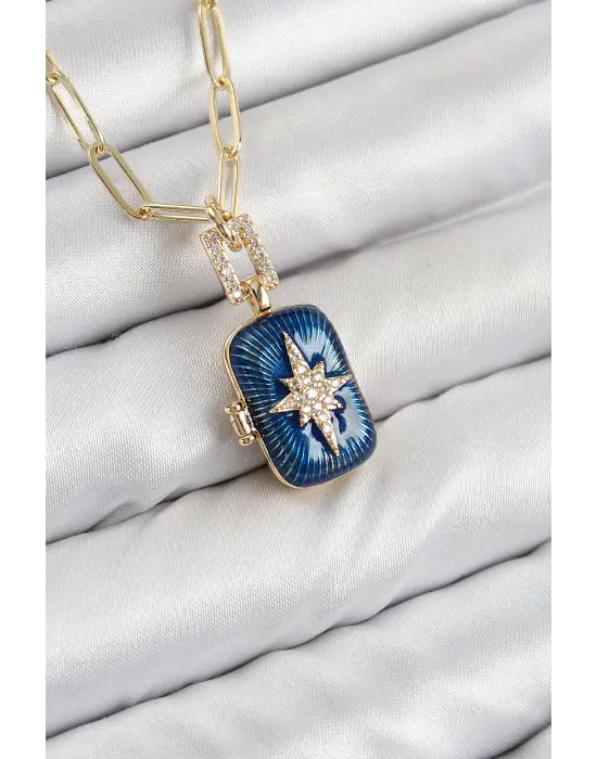 Pirinç Zirkon Taşlı Açılabilir Kutup Yıldızı Model Gold Renk Kadın Kolye