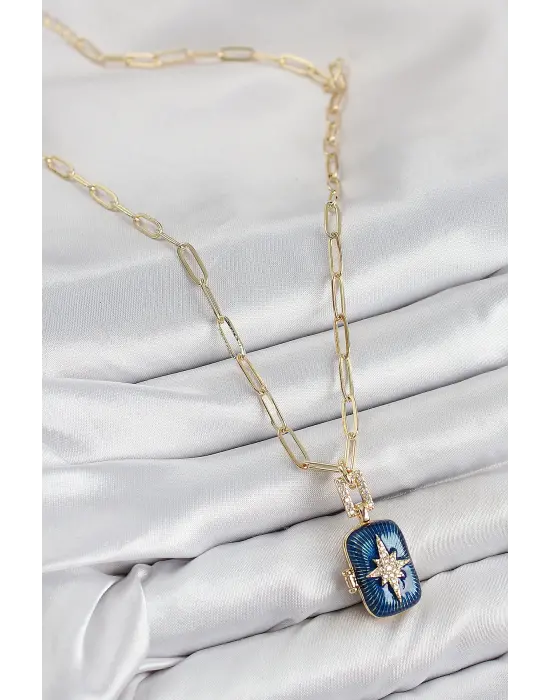 Pirinç Zirkon Taşlı Açılabilir Kutup Yıldızı Model Gold Renk Kadın Kolye