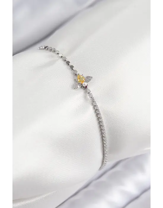 Pirinç Zirkon Taşlı Arı Model Ezme Zincir Gümüş Renk Kadın Bileklik