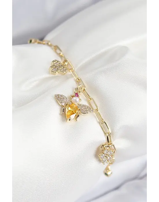 Pirinç Zirkon Taşlı Arı Model Gold Renk Kadın Bileklik