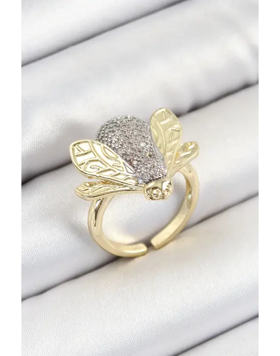 Pirinç Zirkon Taşlı Arı Model Gümüş Ve Gold Renk Kadın Yüzük