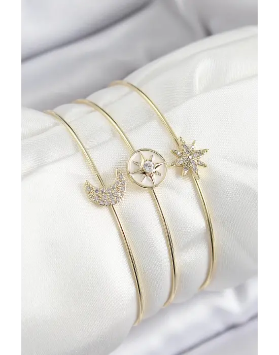 Pirinç Zirkon Taşlı Ay Ve Kutup Yıldızı Model Gold Renk Vip 3lü Kadın Bileklik