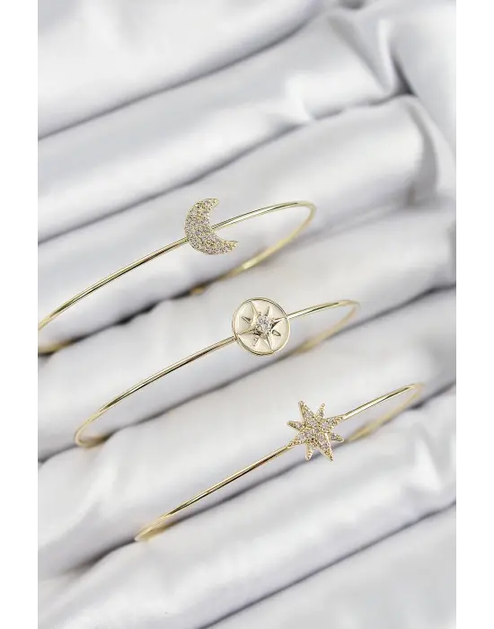 Pirinç Zirkon Taşlı Ay Ve Kutup Yıldızı Model Gold Renk Vip 3lü Kadın Bileklik