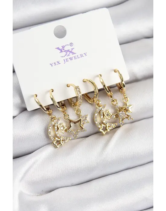 Pirinç Zİrkon Taşlı Ay ve Yıldız Model Gold Renk 3lü Çift Kadın Küpe