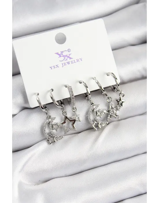 Pirinç Zİrkon Taşlı Ay ve Yıldız Model Gümüş Renk 3lü Çift Kadın Küpe