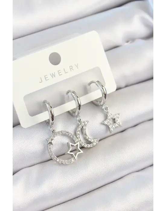 Pirinç Zirkon Taşlı Ay Ve Yıldız Model Gümüş Renk 3lü Çift Kadın Küpe Set