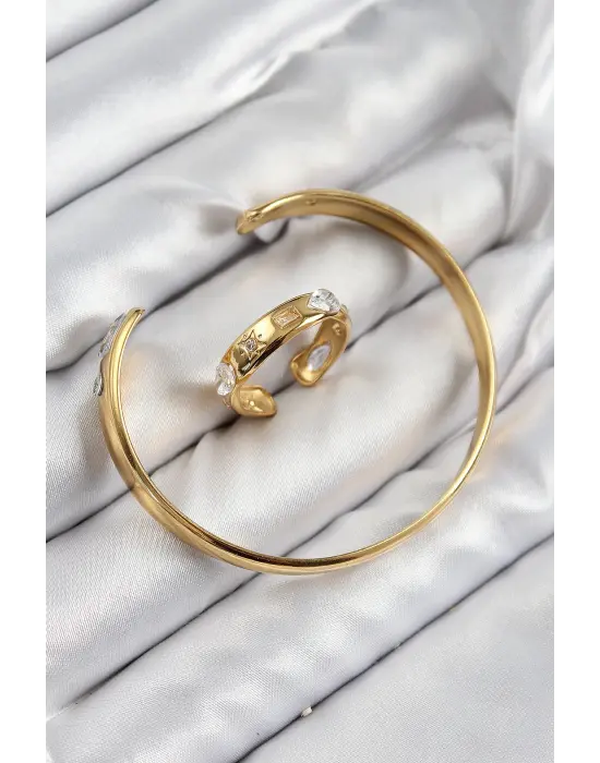 Pirinç Zirkon Taşlı Ayrık Model Gold Renk Bileklik Yüzük Set