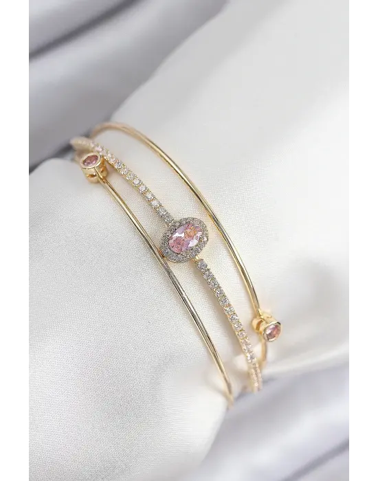 Pirinç Zirkon Taşlı Baget Model Gold Renk Kadın Bileklik