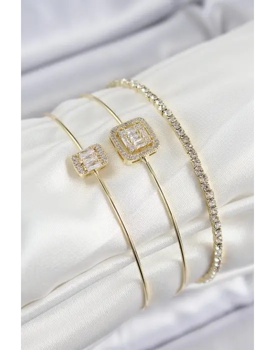 Pirinç Zirkon Taşlı Baget Model Gold Renk Vip 3lü Kadın Bileklik