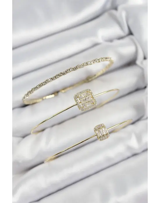 Pirinç Zirkon Taşlı Baget Model Gold Renk Vip 3lü Kadın Bileklik