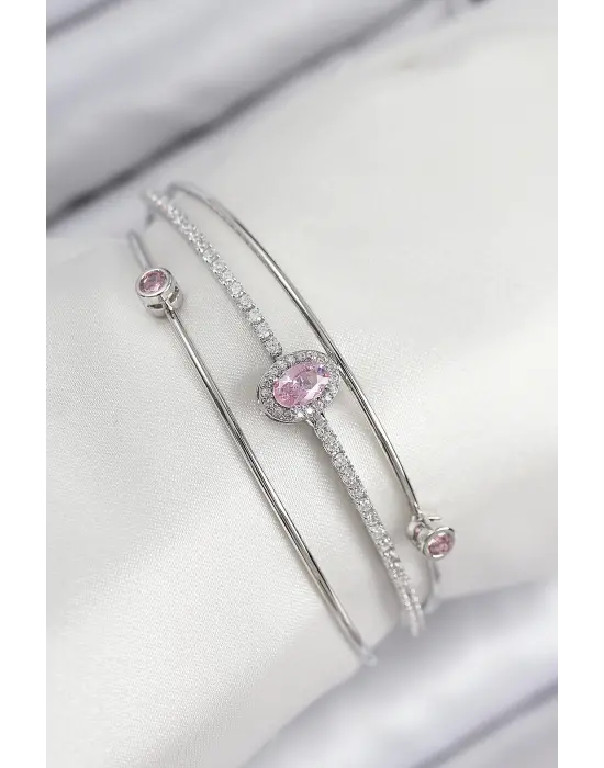 Pirinç Zirkon Taşlı Baget Model Gümüş Renk Kadın Bileklik