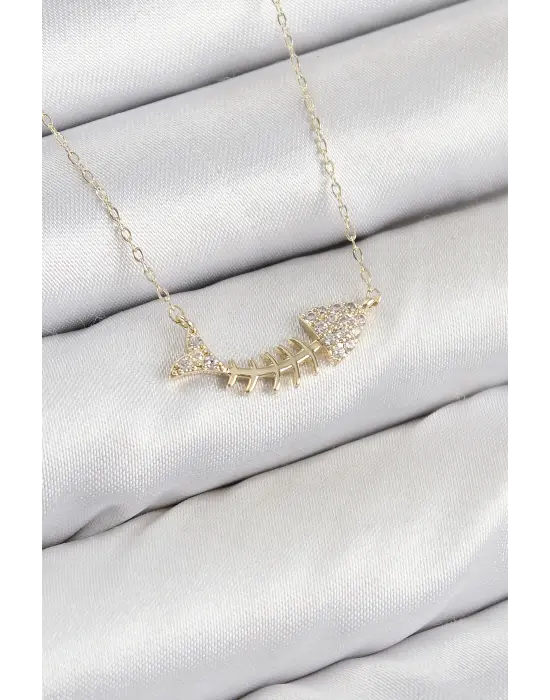 Pirinç Zirkon Taşlı Balık Kılçığı Model Gold Renk Kadın Kolye