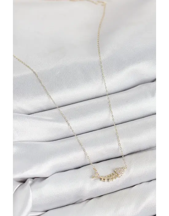 Pirinç Zirkon Taşlı Balık Kılçığı Model Gold Renk Kadın Kolye