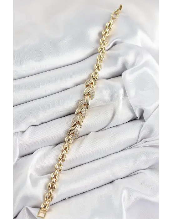 Pirinç Zirkon Taşlı Balık Kuyruğu Model Gold Renk Kadın Bileklik