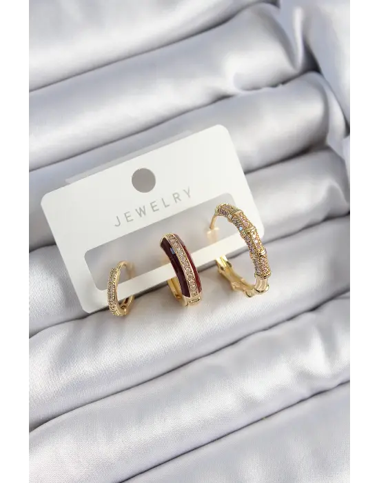 Pirinç Zirkon Taşlı Bordo Halka Model Gold Renk 3lü Çift Kadın Küpe Set