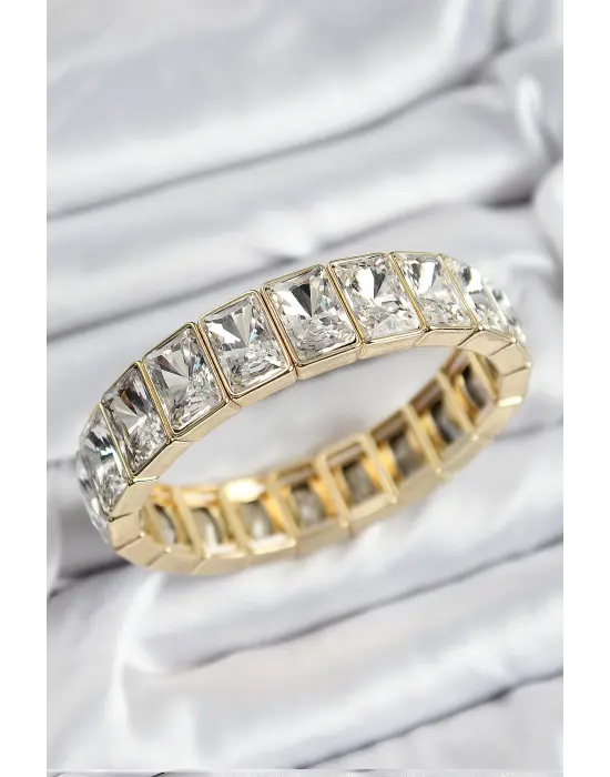 Pirinç Zirkon Taşlı Büyük Dikdörtgen Model Gold Renk Lastikli Kadın Bileklik