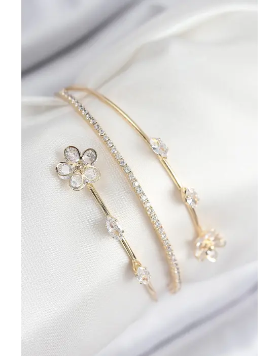 Pirinç Zirkon Taşlı Çiçek Model Gold Renk Kadın Bileklik