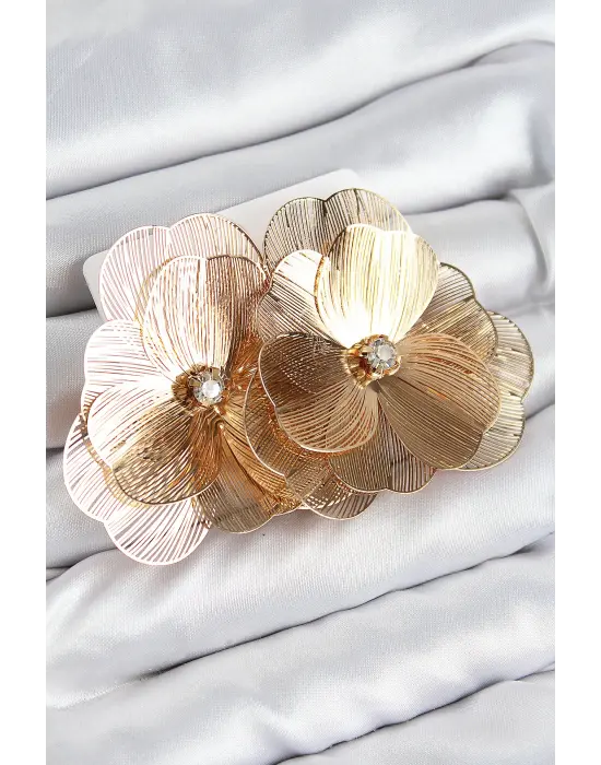 Pirinç Zirkon Taşlı Çiçek Model Gold Renk Kadın Küpe