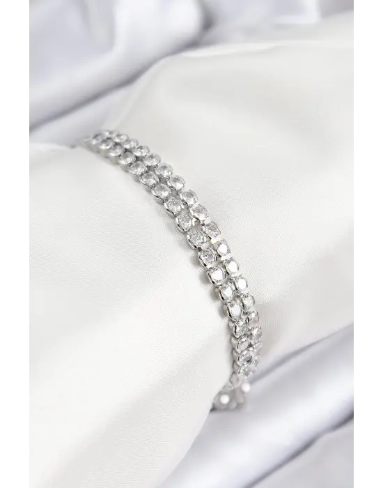 Pirinç Zirkon Taşlı Çift Sıra Model Gümüş Renk Asansörlü Kadın Bileklik