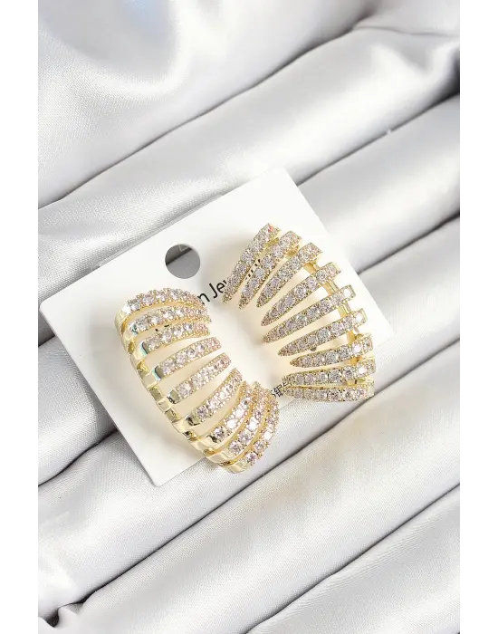 Pirinç Zirkon Taşlı Çoklu Görünümlü Model Gold Renk Kadın Küpe