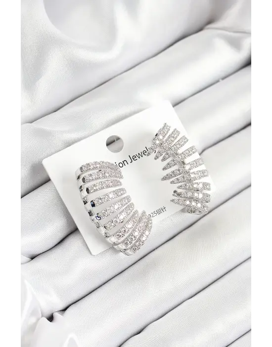 Pirinç Zirkon Taşlı Çoklu Görünümlü Model Gümüş Renk Kadın Küpe