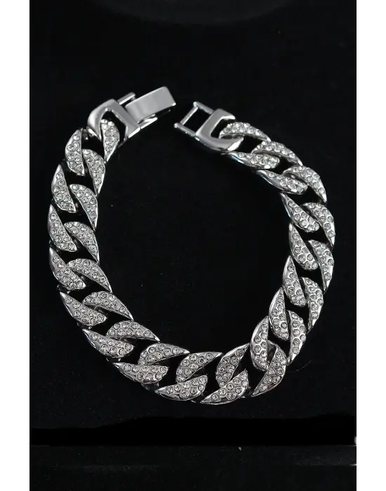 Pirinç Zirkon Taşlı Cuba Gurmet Model Gümüş Renk Erkek Bileklik