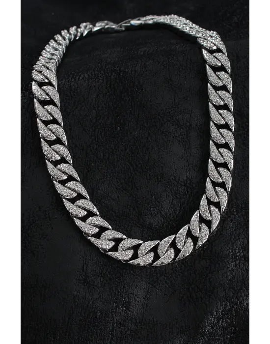 Pirinç Zirkon Taşlı Cuba Gurmet Model Gümüş Renk Erkek Kolye