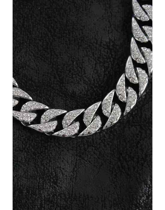 Pirinç Zirkon Taşlı Cuba Gurmet Model Gümüş Renk Erkek Kolye